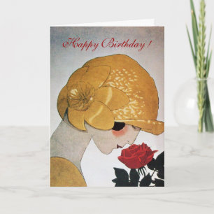 Carte DAME AVEC ROSE ROUGE Joyeux anniversaire