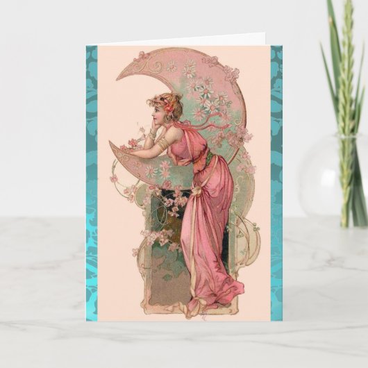 CARTE DAME DE LA LUNE, FLEURS ET ROSES, DAMASSÉ BLEU ROS (Devant)