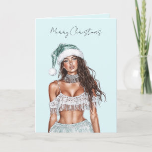 Carte Dame de Noël aux cheveux bruns de plage  