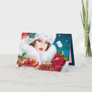 Carte Dame de Noël vintage rétro Art Déco