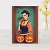 Carte Dame Rétro Joyeux Halloween avec Citrouilles (Fleur jaune)