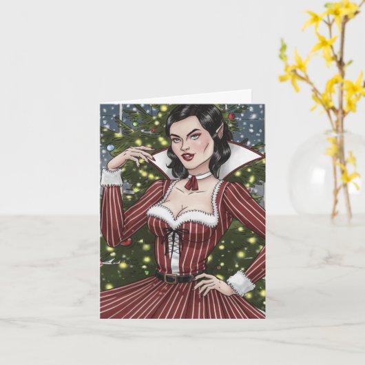 Carte Dame Vampire en robe rouge avec rayures Noël (Fleur jaune)