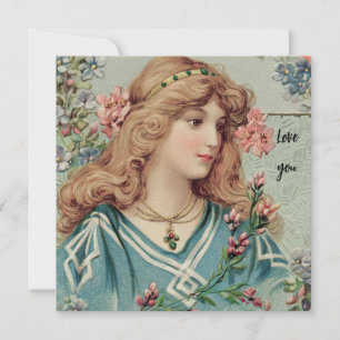 Carte Dame victorienne avec fleurs roses dans ses cheveu