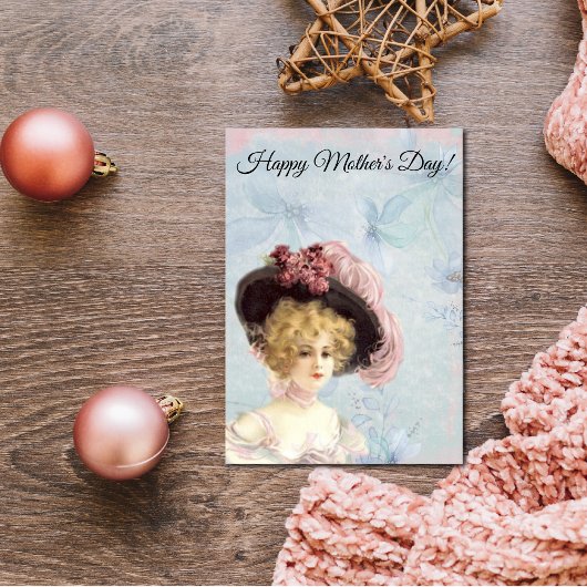 Carte Dame victorienne en Casquette rose plumes