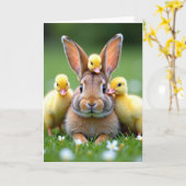 Carte d'amitié Lapin et Oiseaux (Fleur jaune)