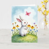 Carte d'amitié Lapin et Papillon (Fleur jaune)