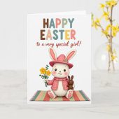 Carte d'amitié Lapin sur Tapis Rayé (Fleur jaune)