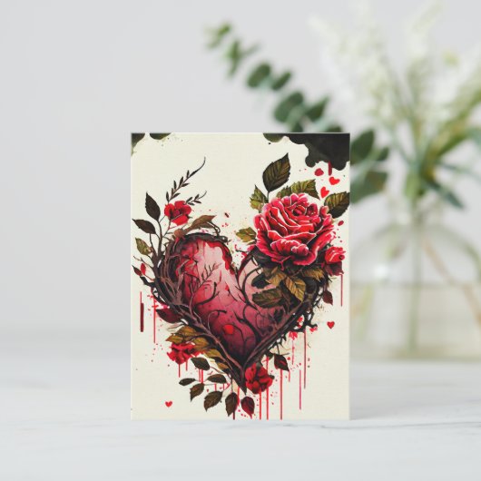 Carte d'amour avec fleurs aquarelles roses rouges (Debout devant)