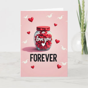 Carte d'amour en pot de verre à coeurs rouges