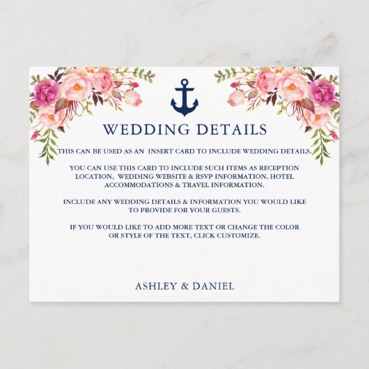 Carte d'Ancre marine rose Floral Mariage Détails (Devant)