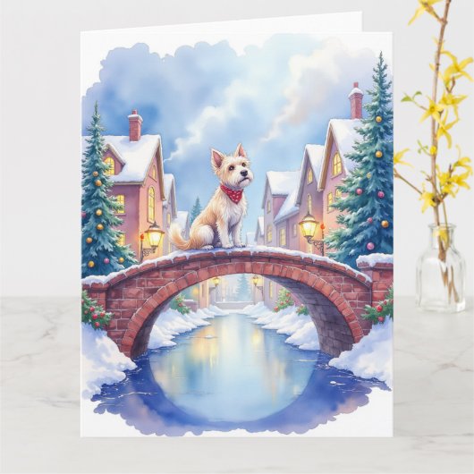 Carte Dandie Dinmont Terrier Village Bridge Christmas (Fleur jaune)