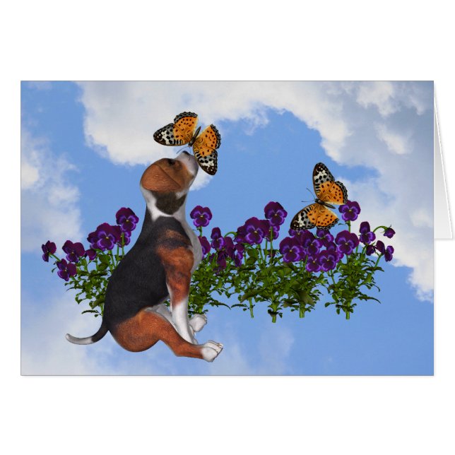 Carte d'animal de fleurs de papillons de beagle (Devant Horizontal)