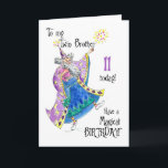 Carte d'anniversaire 11 ans pour un frère jumeau s<br><div class="desc">Une carte d'anniversaire amusante pour un frère jumeau avec un magicien lançant un sort pour un 'anniversaire magique',  d'après une illustration peinte à la main par Judy Adamson. L'intérieur est laissé vierge pour votre propre message.</div>