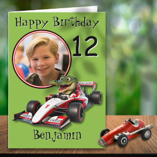 Carte d'anniversaire 12 ans voiture de course croc