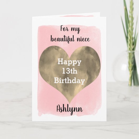 Carte d'anniversaire 13 ans pour une nièce or et r (Devant)