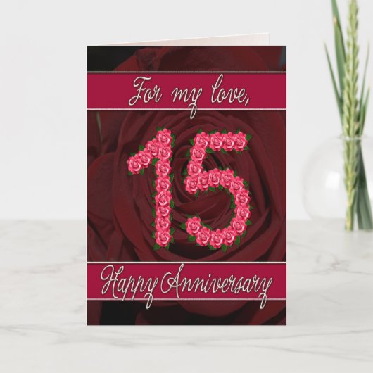 Carte d'anniversaire 15 ans avec roses et feuilles (Devant)