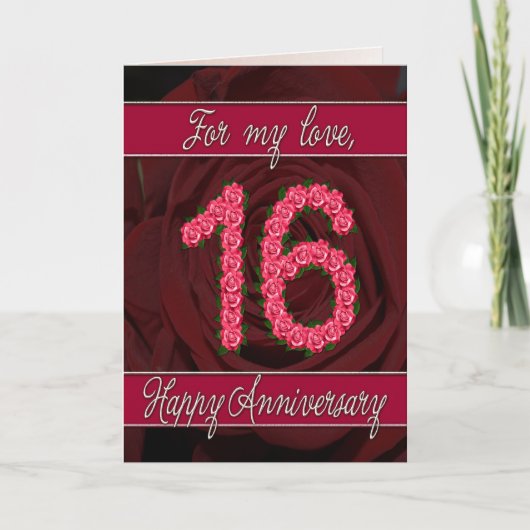 carte d'anniversaire 16 ans avec roses et feuilles (Devant)