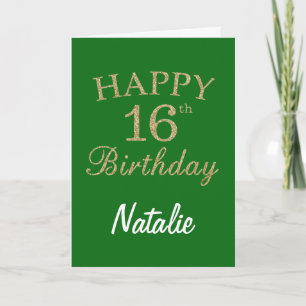 Carte d'anniversaire 16 ans pailletée verte et or