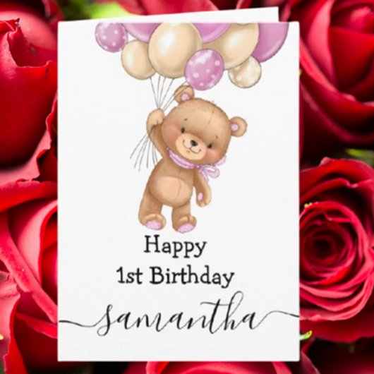 Carte d'anniversaire 1 an ballon rose ours en pelu