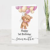 Carte d'anniversaire 1 an ballon rose ours en pelu (Devant)