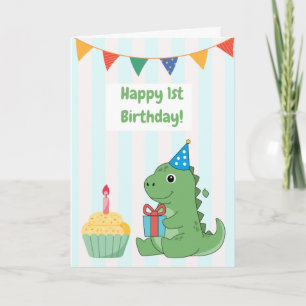 Carte d'anniversaire 1 an dinosaure rayé bleu ador