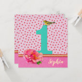 Carte d'anniversaire 1ste rose - fleur bohème vint (Devant/Arrière en situation)