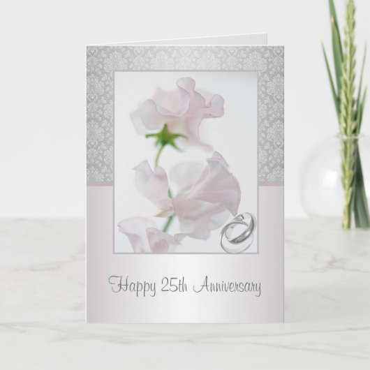 Carte d'anniversaire 25 ans. Fleurs, bagues, motif (Devant)