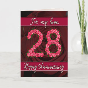 carte d'anniversaire 28 ans avec roses et feuilles