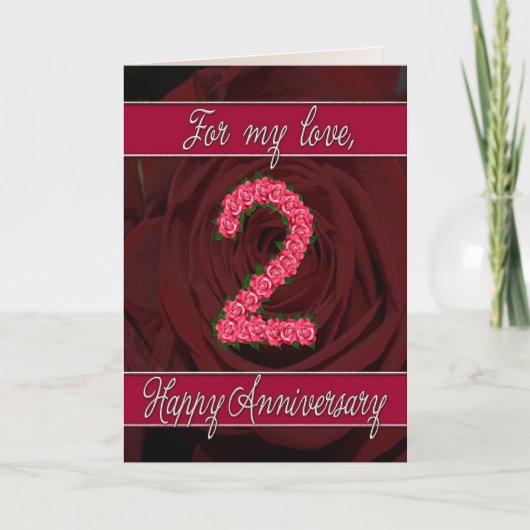 carte d'anniversaire 2 ans avec roses et feuilles (Devant)