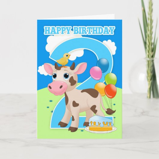 Carte d'anniversaire 2e avec petit gâteau de vache (Devant)
