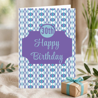 Carte d'anniversaire 30 ans à motif sarcelle et vi