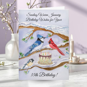 Carte d'anniversaire 35 ans oiseaux de jardin aqua