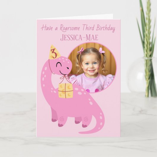 Carte d'anniversaire 3 ans Dinosaure Rose (Devant)