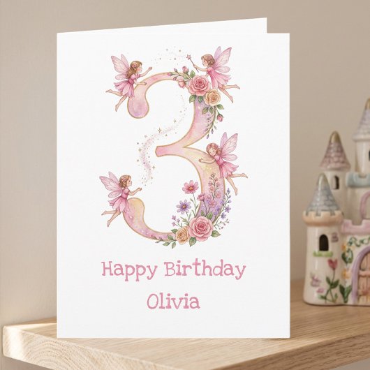 Carte d'anniversaire 3 ans fille thème fée rose