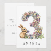Carte d'anniversaire 3 ans Lapin Floral (Devant / Derrière)