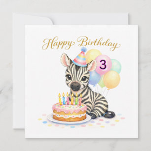 Carte d'anniversaire 3 ans pour filles - Joli zèbr