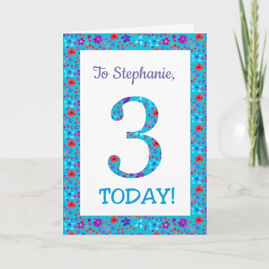 Carte d'anniversaire 3 Floral Jolis sur mesure ble (Devant)