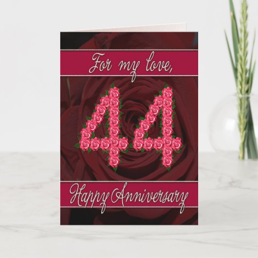 Carte d'anniversaire 44 ans avec roses et feuilles (Devant)