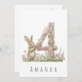 Carte d'anniversaire 4 ans avec lapin fleuri (Devant / Derrière)