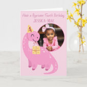 Carte d'anniversaire 4 ans Dinosaure Rose (Fleur jaune)