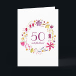 Carte d'anniversaire 50th Watercolor Flower Wreath<br><div class="desc">Une jolie couronne d'aquarelle botanique fleurie entourant 50 et la typographie fabuleuse. Customisez en modifiant l'âge et le texte sur le devant et le message intérieur.</div>