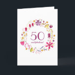 Carte d'anniversaire 50th Watercolor Flower Wreath<br><div class="desc">Une jolie couronne d'aquarelle botanique fleurie entourant 50 et la typographie fabuleuse. Customisez en modifiant l'âge et le texte sur le devant et le message intérieur.</div>