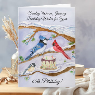 Carte d'anniversaire 65 ans oiseaux de jardin aqua