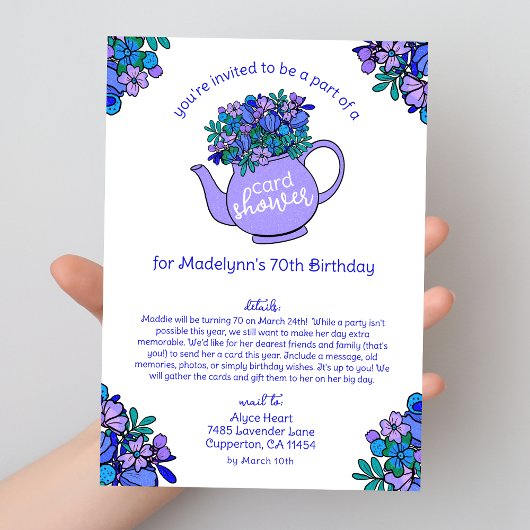Carte d'anniversaire 70 ans Floral Teapot Shower p