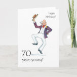 Carte d'anniversaire 70th - Man Dancing!<br><div class="desc">Carte d'anniversaire 70e avec un homme plus âgé dans un blazer rayé dansant et élevant son casquette de bateau! Image d'aquarelle de Judy Adamson. Des tasses et des signets correspondants sont également disponibles.</div>