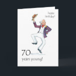 Carte d'anniversaire 70th - Man Dancing!<br><div class="desc">Carte d'anniversaire 70e avec un homme plus âgé dans un blazer rayé dansant et élevant son casquette de bateau! Image d'aquarelle de Judy Adamson. Des tasses et des signets correspondants sont également disponibles.</div>