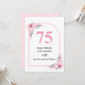 Carte d'anniversaire 75 ans Épouse Fleur Rose (Devant/Arrière en situation)