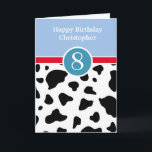 Carte d'anniversaire 8 ans à motif vache et bleu<br><div class="desc">Une carte d'anniversaire 8 ans personnalisée avec un motif de vache noir et blanc et une touche de bleu pour les garçons. Cette carte d'anniversaire 8 ans à motif vache et bleu peut être personnalisée avec son nom sur la couverture de la carte. Le message à l'intérieur de la carte...</div>