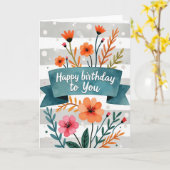 Carte d'anniversaire à bannière sarcelle (Fleur jaune)