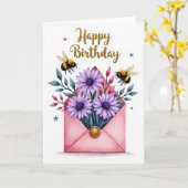 Carte d'anniversaire à enveloppe rose (Fleur jaune)